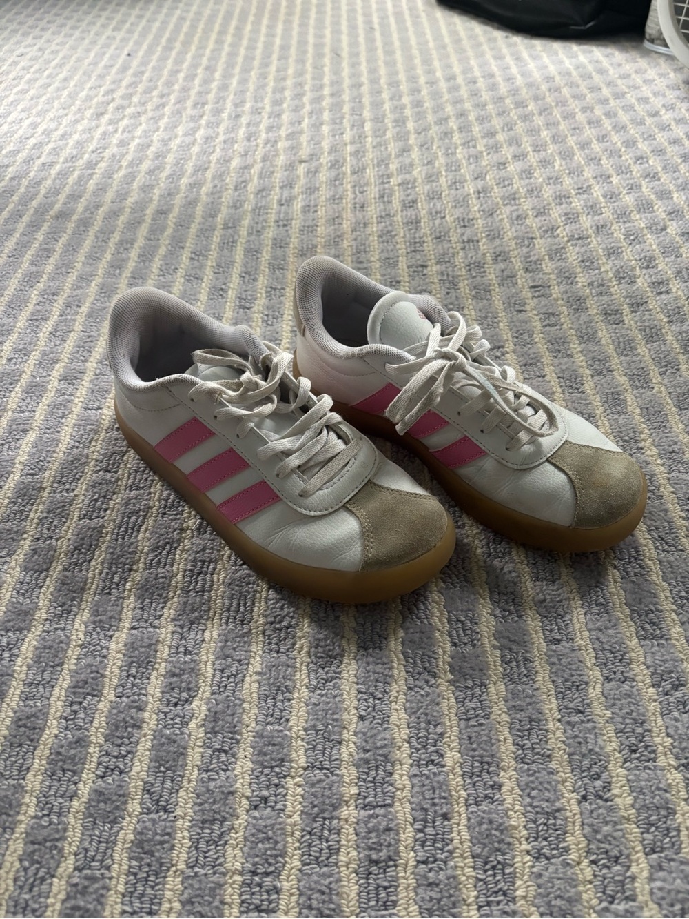 adidas Kids White Sneakers with Pink Stripes and Gum Sole